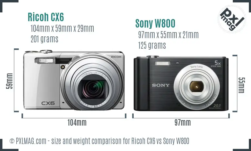 Ricoh CX6 vs Sony W800 size comparison