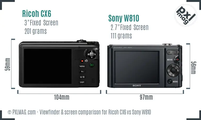 Ricoh CX6 vs Sony W810 Screen and Viewfinder comparison