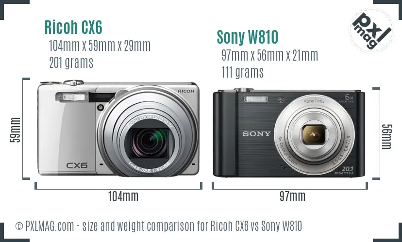 Ricoh CX6 vs Sony W810 size comparison