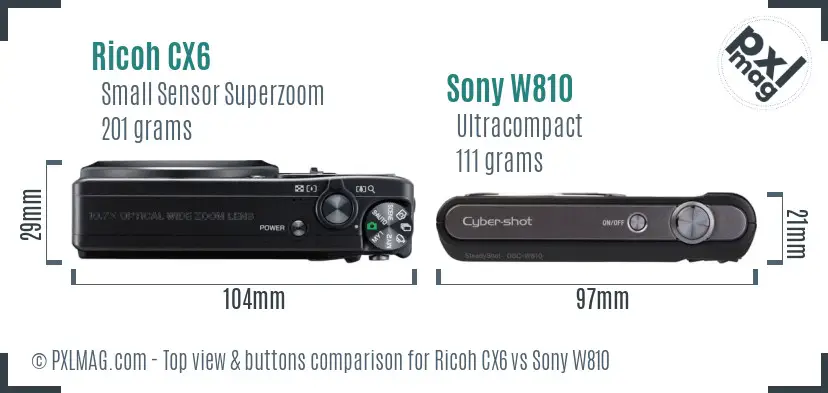 Ricoh CX6 vs Sony W810 top view buttons comparison