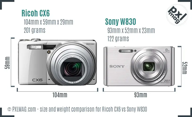 Ricoh CX6 vs Sony W830 size comparison