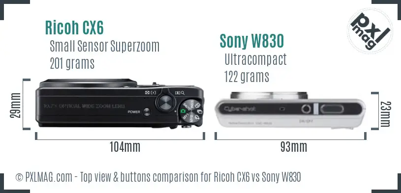 Ricoh CX6 vs Sony W830 top view buttons comparison