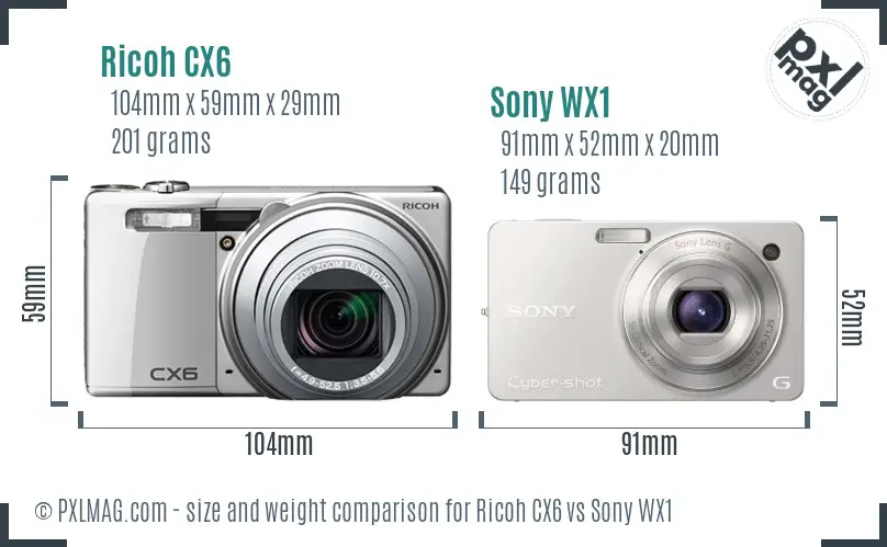 Ricoh CX6 vs Sony WX1 size comparison