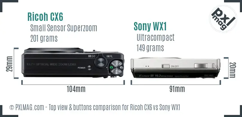 Ricoh CX6 vs Sony WX1 top view buttons comparison