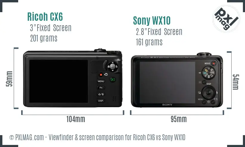 Ricoh CX6 vs Sony WX10 Screen and Viewfinder comparison