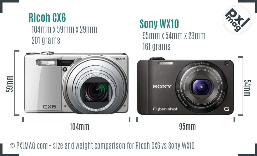 Ricoh CX6 vs Sony WX10 size comparison