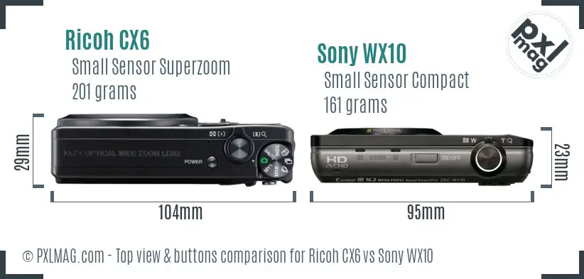 Ricoh CX6 vs Sony WX10 top view buttons comparison