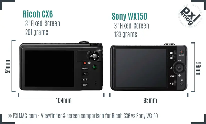 Ricoh CX6 vs Sony WX150 Screen and Viewfinder comparison