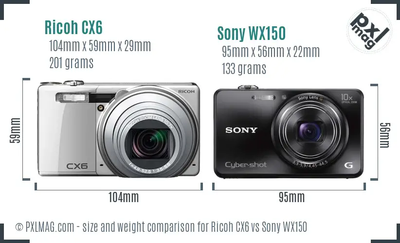 Ricoh CX6 vs Sony WX150 size comparison