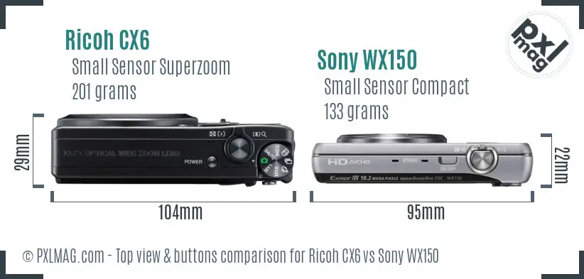 Ricoh CX6 vs Sony WX150 top view buttons comparison