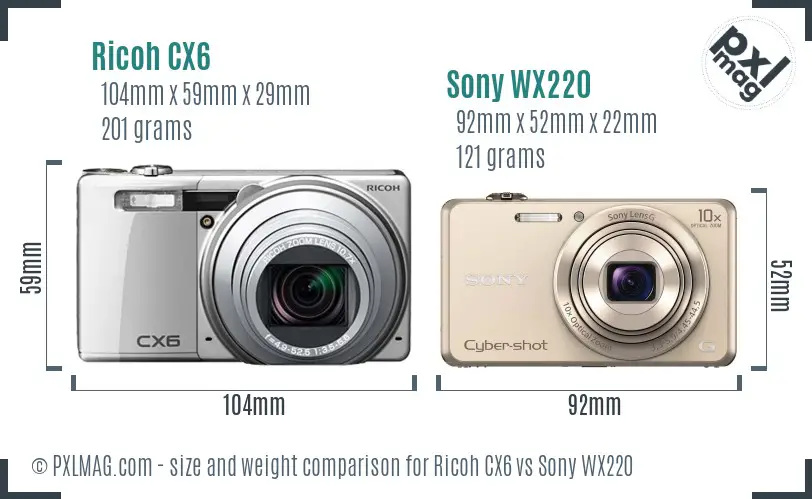 Ricoh CX6 vs Sony WX220 size comparison