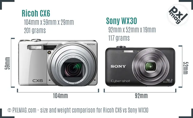Ricoh CX6 vs Sony WX30 size comparison