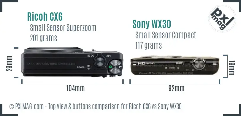 Ricoh CX6 vs Sony WX30 top view buttons comparison