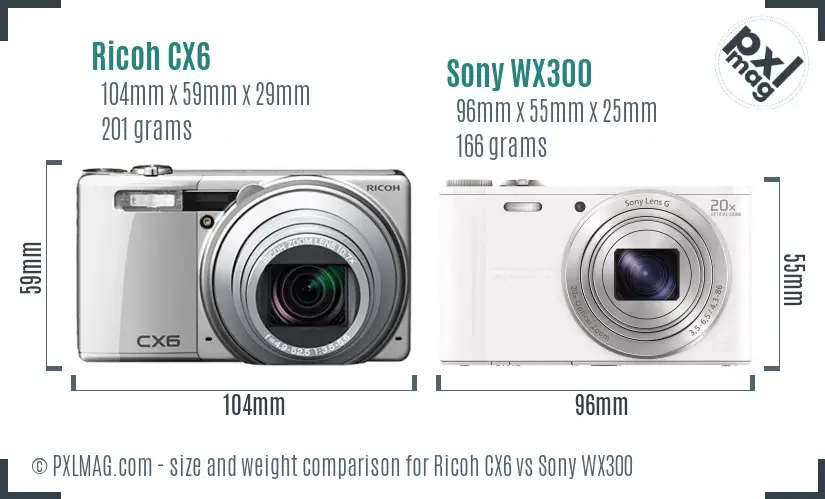 Ricoh CX6 vs Sony WX300 size comparison