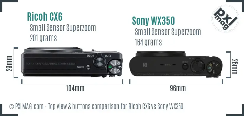 Ricoh CX6 vs Sony WX350 top view buttons comparison