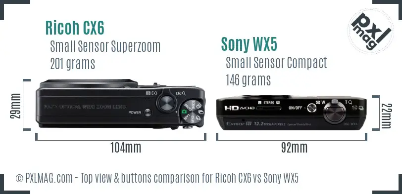 Ricoh CX6 vs Sony WX5 top view buttons comparison
