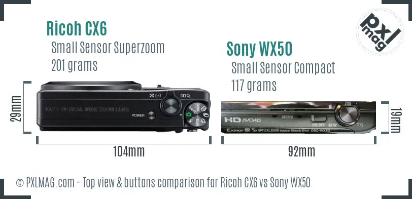 Ricoh CX6 vs Sony WX50 top view buttons comparison