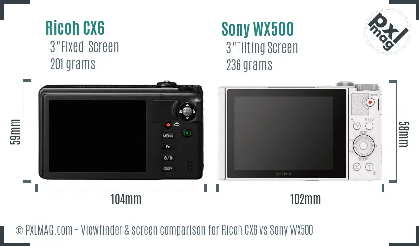 Ricoh CX6 vs Sony WX500 Screen and Viewfinder comparison