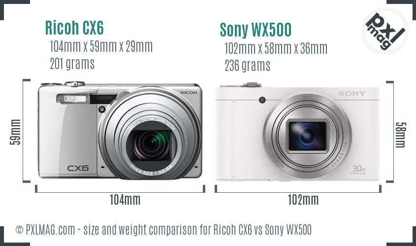 Ricoh CX6 vs Sony WX500 size comparison