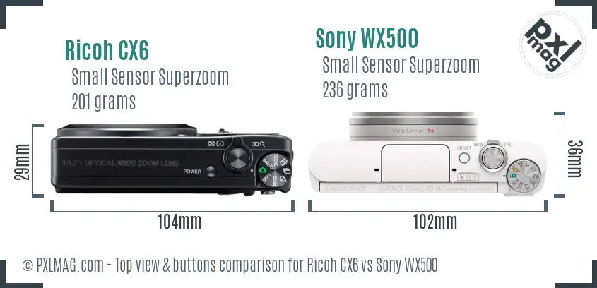 Ricoh CX6 vs Sony WX500 top view buttons comparison