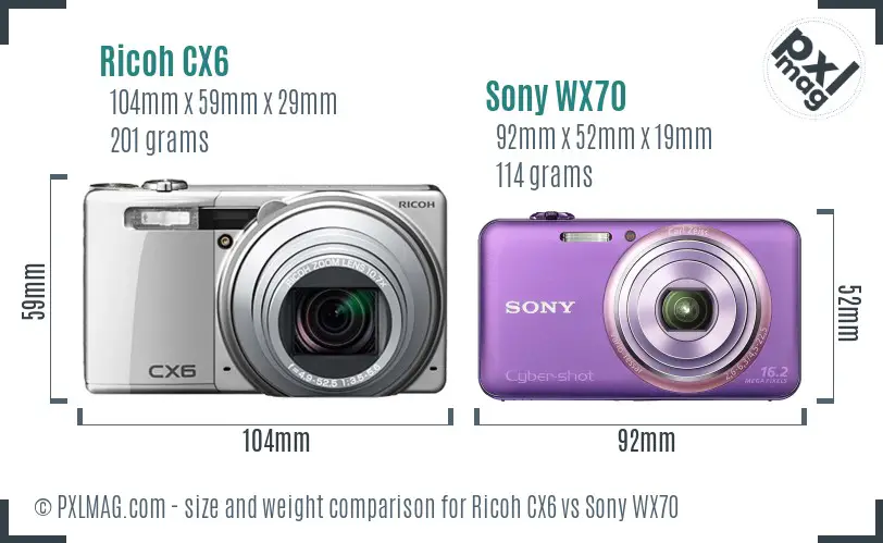 Ricoh CX6 vs Sony WX70 size comparison