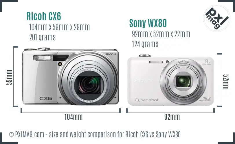 Ricoh CX6 vs Sony WX80 size comparison
