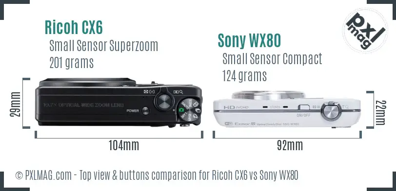Ricoh CX6 vs Sony WX80 top view buttons comparison