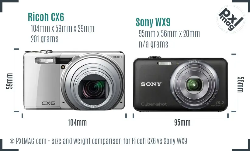 Ricoh CX6 vs Sony WX9 size comparison