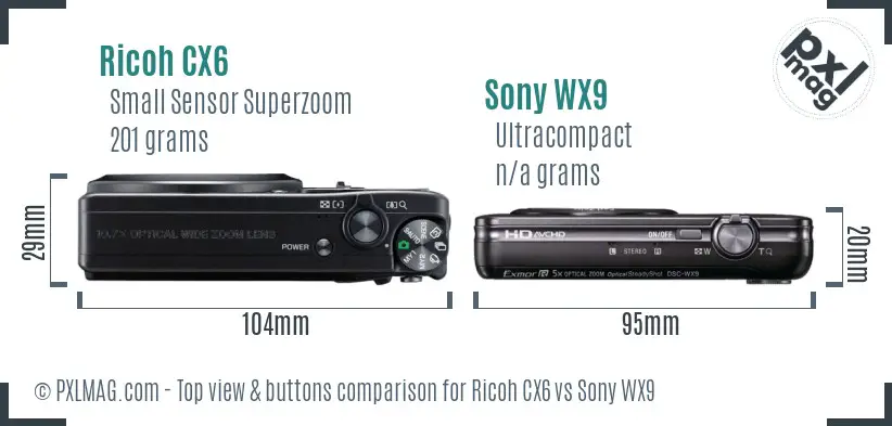 Ricoh CX6 vs Sony WX9 top view buttons comparison