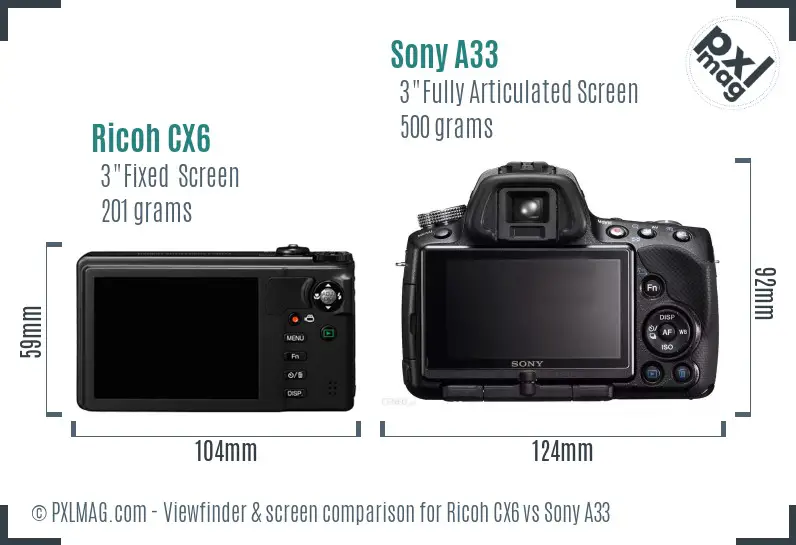 Ricoh CX6 vs Sony A33 Screen and Viewfinder comparison