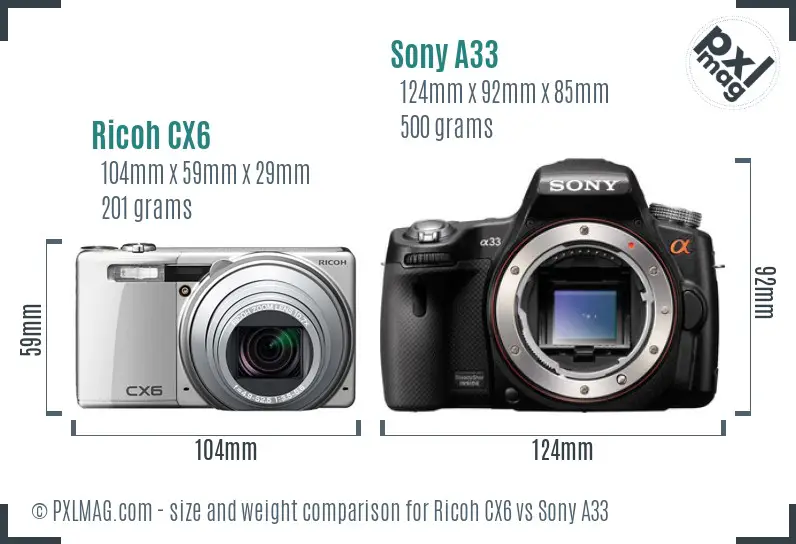 Ricoh CX6 vs Sony A33 size comparison