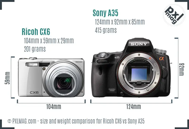 Ricoh CX6 vs Sony A35 size comparison