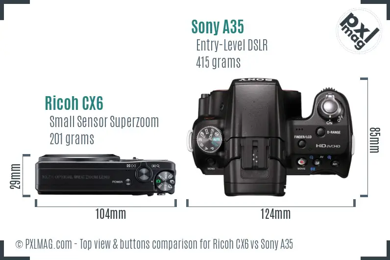 Ricoh CX6 vs Sony A35 top view buttons comparison