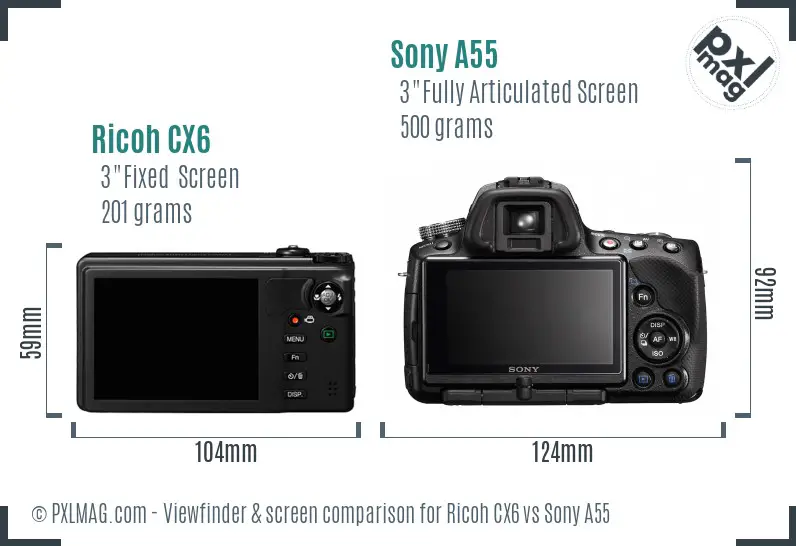 Ricoh CX6 vs Sony A55 Screen and Viewfinder comparison