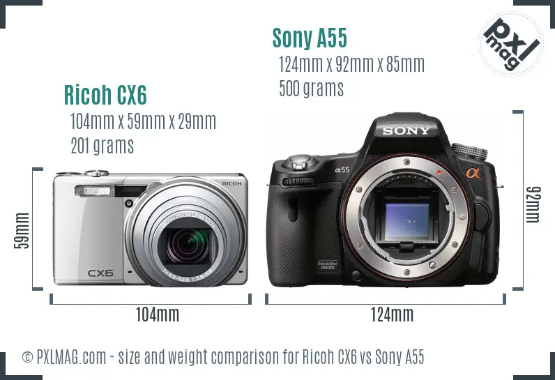 Ricoh CX6 vs Sony A55 size comparison