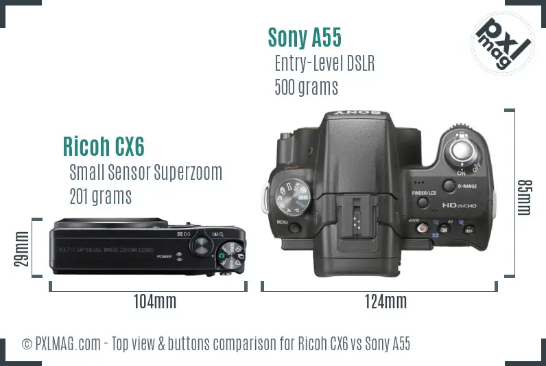 Ricoh CX6 vs Sony A55 top view buttons comparison