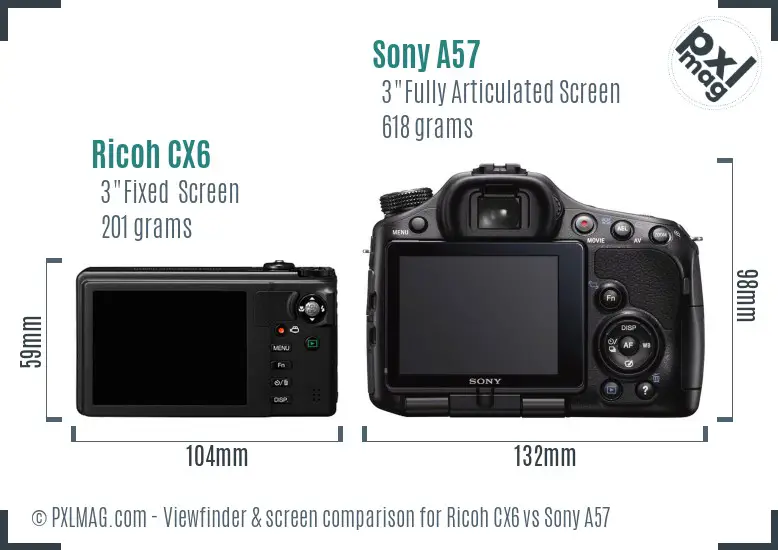 Ricoh CX6 vs Sony A57 Screen and Viewfinder comparison