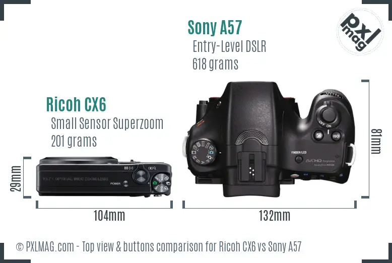 Ricoh CX6 vs Sony A57 top view buttons comparison