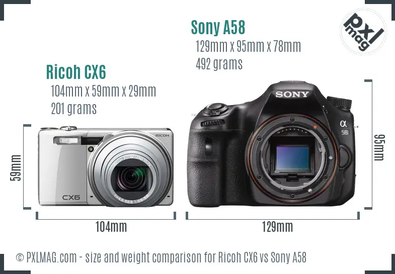 Ricoh CX6 vs Sony A58 size comparison