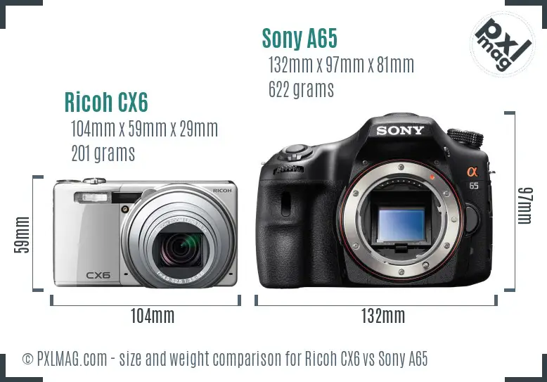 Ricoh CX6 vs Sony A65 size comparison
