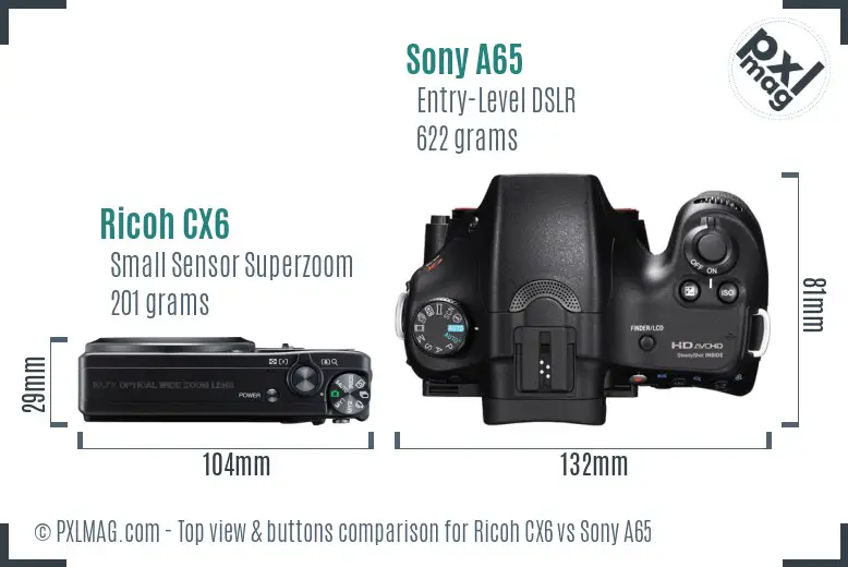 Ricoh CX6 vs Sony A65 top view buttons comparison