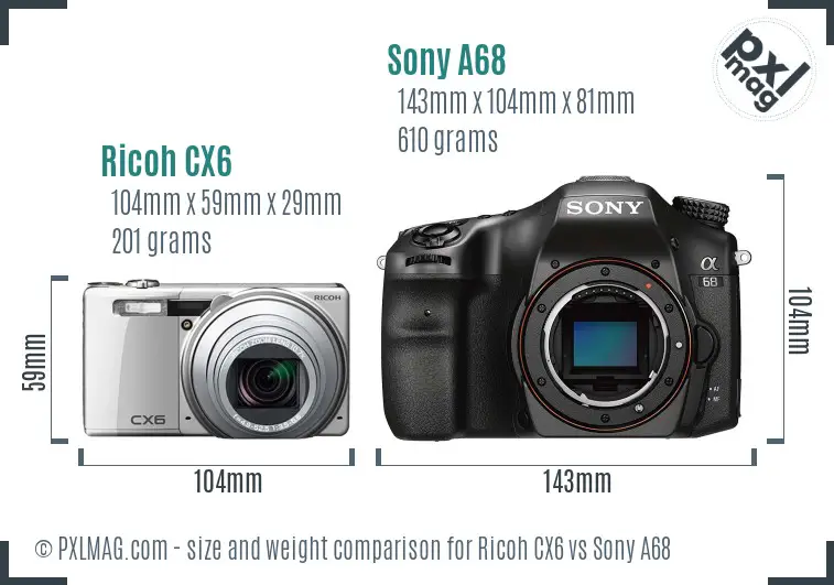 Ricoh CX6 vs Sony A68 size comparison