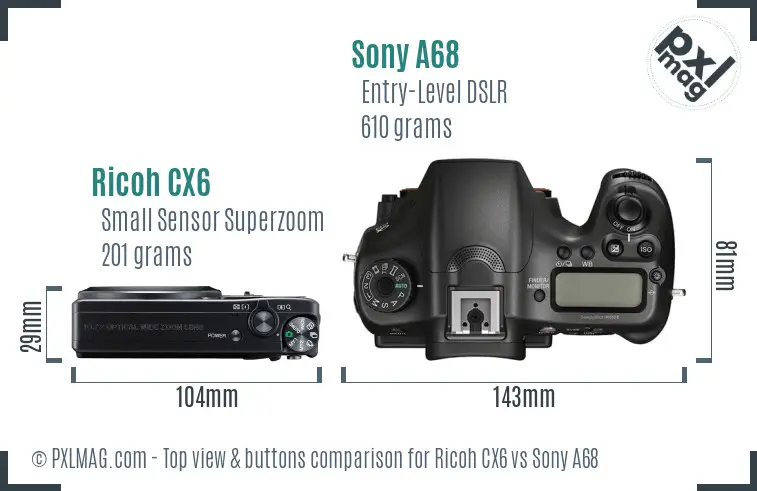 Ricoh CX6 vs Sony A68 top view buttons comparison