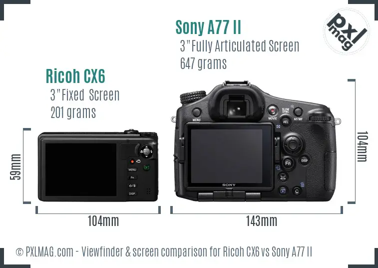 Ricoh CX6 vs Sony A77 II Screen and Viewfinder comparison
