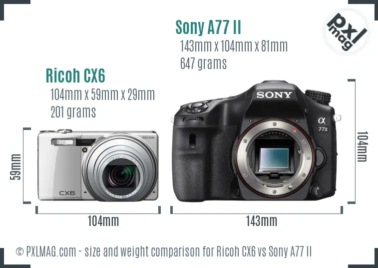 Ricoh CX6 vs Sony A77 II size comparison