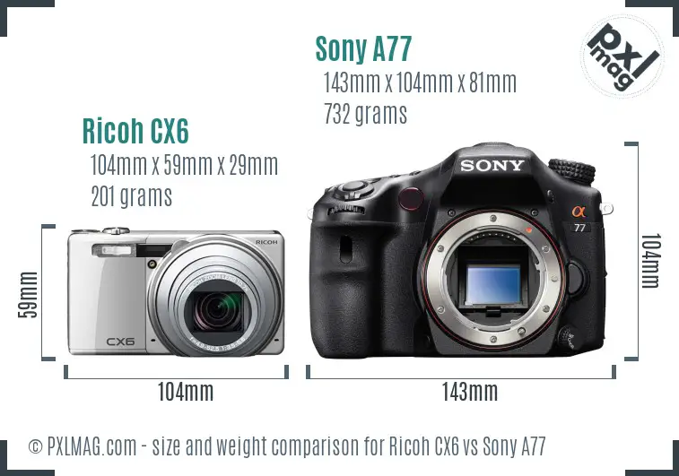 Ricoh CX6 vs Sony A77 size comparison