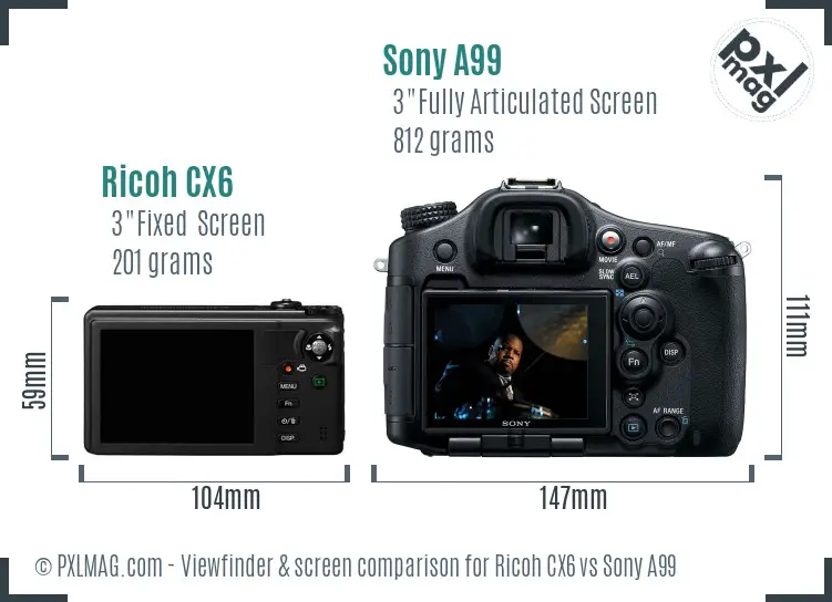 Ricoh CX6 vs Sony A99 Screen and Viewfinder comparison