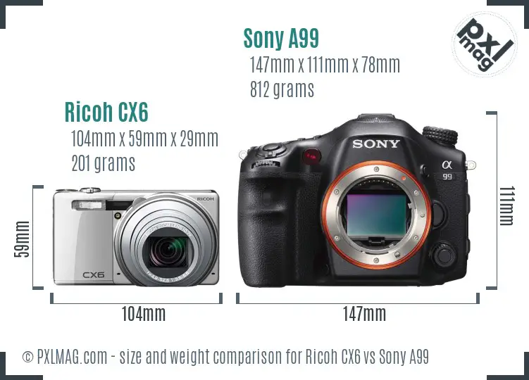 Ricoh CX6 vs Sony A99 size comparison