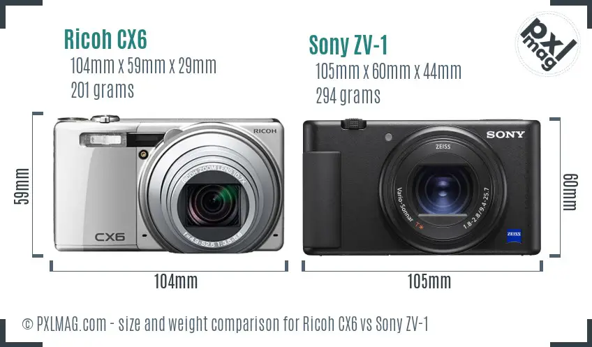Ricoh CX6 vs Sony ZV-1 size comparison