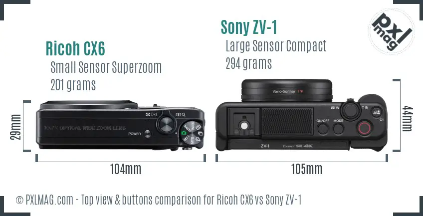 Ricoh CX6 vs Sony ZV-1 top view buttons comparison